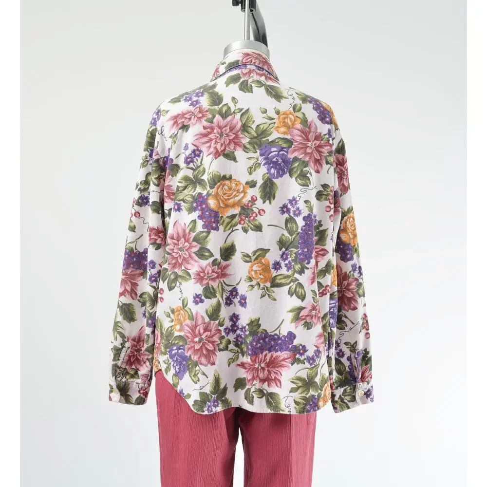 Vintage 90s Floral Grape Vine Print Shirt Cotton Corduroy Collared Blouse M - Picture 6 of 8